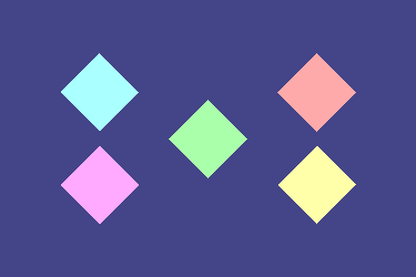 A flag with a ration of two–by–three with a dark blue field featuring five square diamonds, four in two symmetrical columns, with one in the center, with cyan over pink in the left column, red over yellow in the right column, and green in the middle between them.