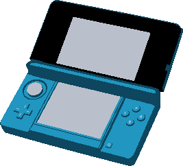 A faux–3D pixel art rendition of an Aqua Blue 3DS, slanted diagonally.