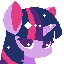Limited palette headshot portrait of Twilight Sparkle from My Little Pony: Friendship is Magic, a purple unicorn with mauve, rose, and midnight blue coloured hair, and sparkles.