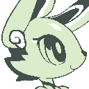 A headshot portrait of an android rabbit looking right.
