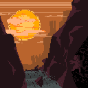 A trough in a mountaintop valley at sunset with orange sky and red rocks, a river running through it, a hooded traveler resting at the end, and a charcoal cave painting of a cat.