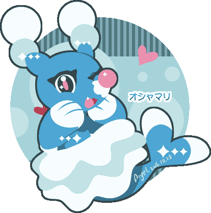 Brionne from Pokemon, a joyous blue seal with white ear tufts and skirt smiling with paws on cheeks and winking in front of a well-constructed circle, sparkling.