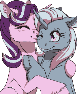 Two female cuddling unicorns, one pink and one blue, standing up and supporting each others weight, the pink one kissing the other on her cheek.