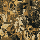 A sepia photographic collage of machinery, faces, and human figures.
