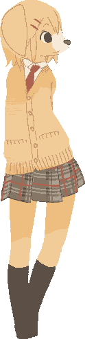 An anthropomorphic blonde–furred dog girl in a schoolgirl's outfit with a red tie, blonde sweater–vest, grey plaid skirt, and brown stockings.