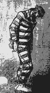 Greyscale charcoal cartoon of Jesus Christ in a prison cell and striped prisoner outfit handcuffed with a ball and chain, looking down.