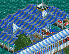 A pixel art image of dozens of spectators queueing for a water sled ride under blue and white tents, a black–on–yellow marquee labeled “Splashdown” at the entrance.