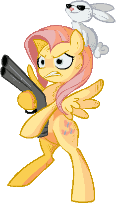 Fluttershy, a yellow–furred pegasus with pink mane, standing on hind legs angrily grasping a double–barreled shotgun, her pet rabbit smugly wearing sunglasses while perched on her head.