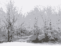 A very low–resolution greyscale landscape of a winter scene with dead trees and snow.