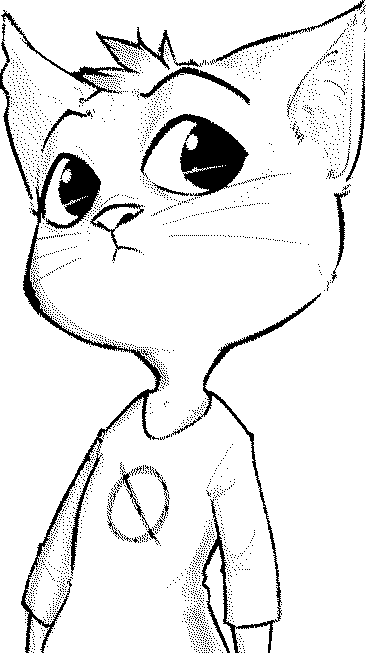 A greyscale portrait of an anthropomorphic cat looking incredulous, wearing a three–quarter–length shirt with a flipped Ø in the center.