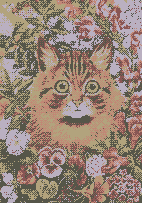 A dithered headshot portrait of a flufy cat surrounded by flowers.