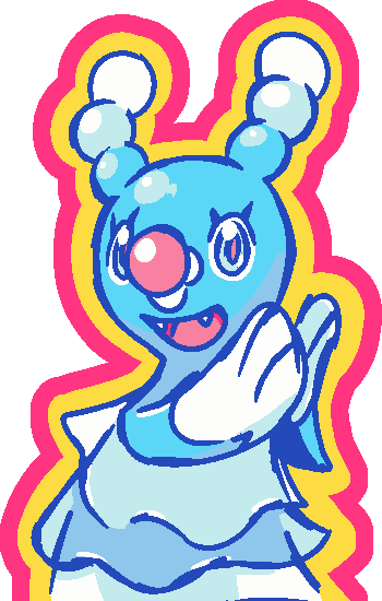 Brionne from Pokémon, a blue–skinned seal with frills and a pink clown nose, clapping its hands with a yellow and pink border around it.