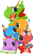 Five chibi dragons, green, orange, blue, red, and purple, hanging out together, creating a visual pyramid in their positions, each representing the KDE Project mascot.
