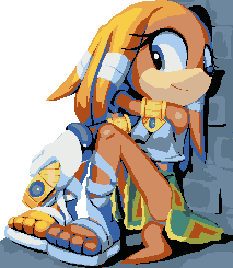 Tikal from Sonic the Hedgehog, an orange–furred echidna in cyan robes and a green skirt, sitting against a grey brick wall holding a gold bracelet with sunlight on her left.