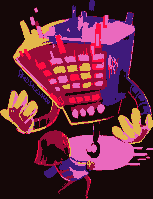 Mettaton from Undertale, a one-wheeled cubic robot with extensible arms and square flashing lights on its body, threatening the protagonist from Undertale, with a brunette bowl haircut and a purple sweater, basked in red, yellow, and pink spotlights.