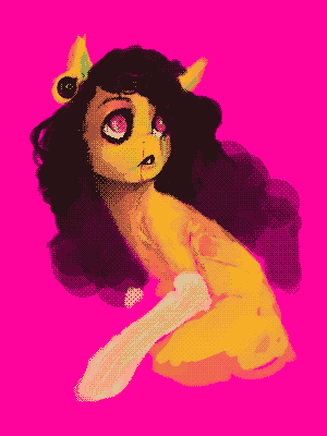 A My Little Pony characture painting of an orange-skinned horse with luscious black hair fading into the pink background, pierced ears perked up, looking behind her with tears in her starry eyes and down her nose and on her ivory arm.
