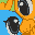 A close–up of two creatures, one blue and the other orange, staring at each other.